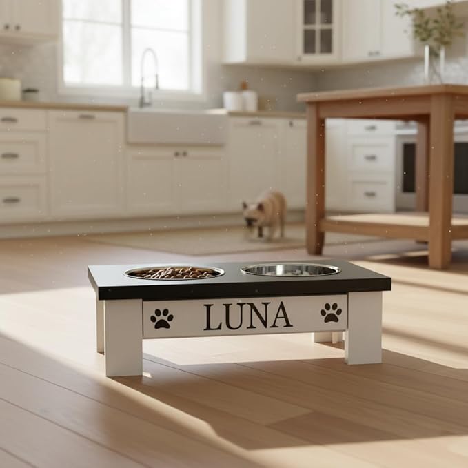 GrooveThis Woodshop Luxury Pet Feeder - Elevated Stand with Stainless Steel Bowls for Small Dogs & Cats, Anti-Slip, Easy Clean, Chic & Durable Design (X-Small, Black)
