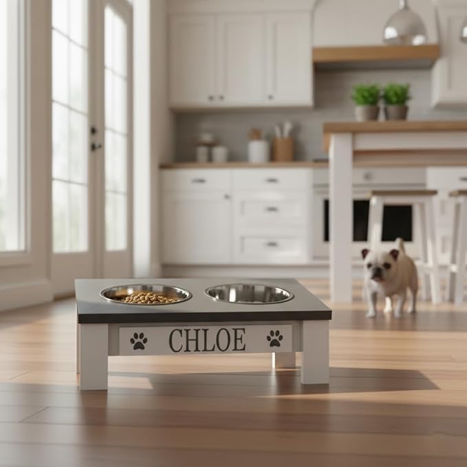 GrooveThis Woodshop Luxury Pet Feeder - Elevated Stand with Stainless Steel Bowls for Small Dogs & Cats, Anti-Slip, Easy Clean, Chic & Durable Design (Tilted, Grey)