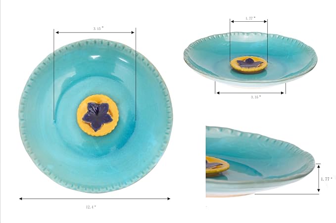 DUSVALLY Bird Bath Ceramic Bowl Antique Decor for Outdoors, Bird Drinker Plate with Vintage Yellow Flower Ornament for Outside, Garden & Yard, 12"