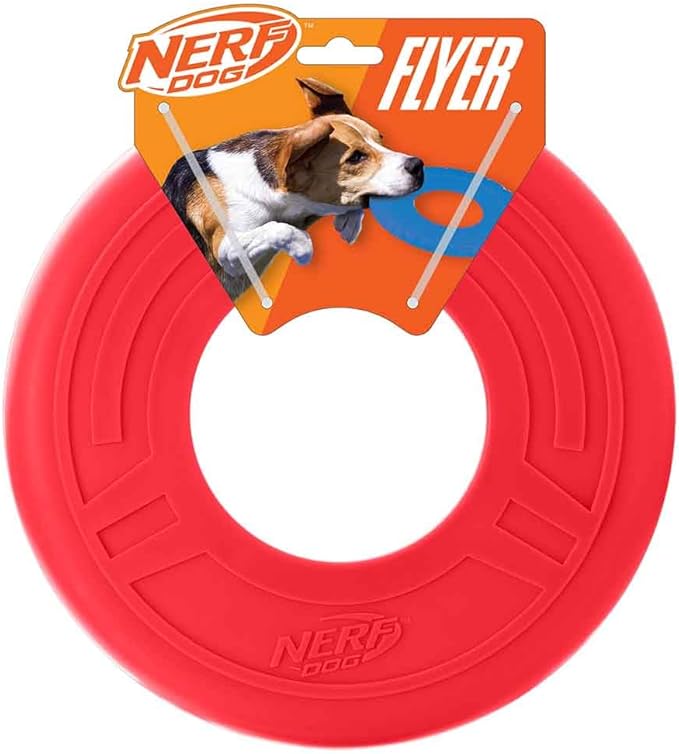Nerf Dog Atomic Flyer Outdoor Dog Toy, 10 Inch Flying Disc Dog Fetch Toy, Rubber Dog Toy for Medium Dogs and Large Dogs, Red