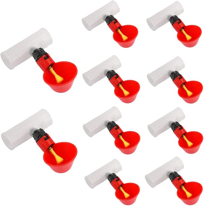 10 Pieces Automatic Poultry Drinking Cups, Chicken Water Feeder Chicken Waterer Drinking Cups and 10 Pieces Chicken Waterer PVC Tee Fittings for Chicken Quail Pigeon Duck