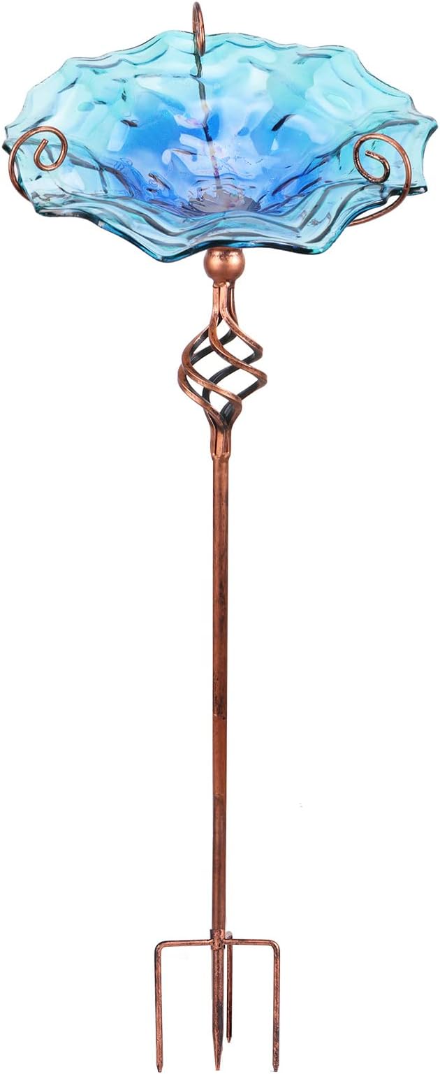 VCUTEKA Outdoor Bird Bath Glass Birdbath Garden Bird Feeder with Metal Stake Blue