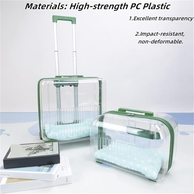 Rolling Pet Trolley Case, Portable Hard Shell Pet Carrier, Clear Plastic Cat Travel Box, Suitable for Cats and Dogs(Green,11.4 * 16.1 * 25.2in)
