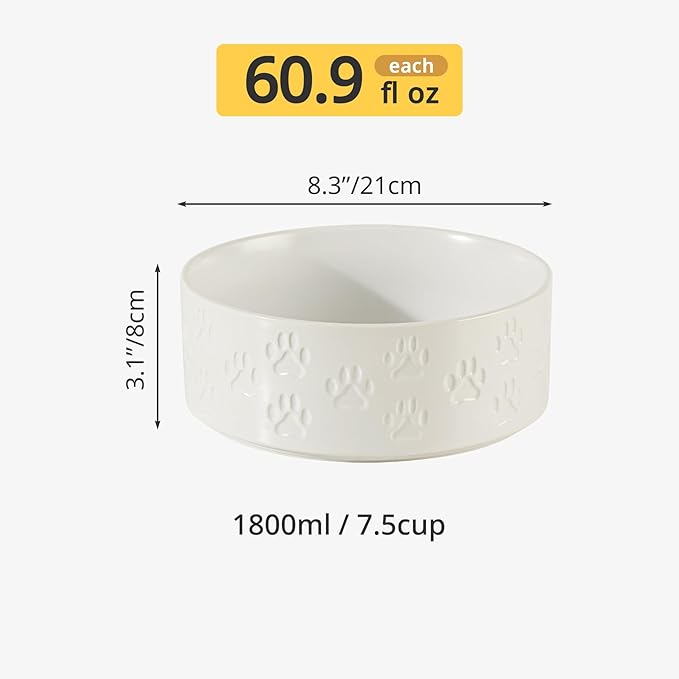 Ceramic Dog Bowl Set, 8.3" Food and Water Bowls with Anti-Slip Rings for Large Breed Dogs, 7.5 Cup Pet Dishes for Large-Sized Dogs, Dishwasher Safe (Double Bowls - White, 8 inch)