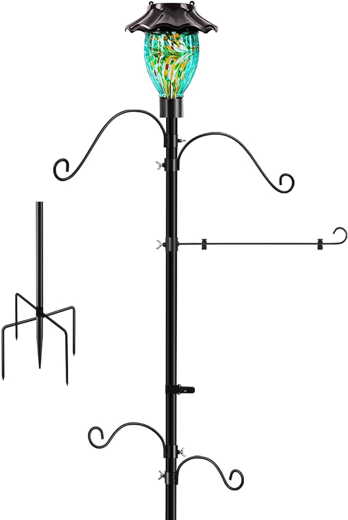 LUJII Solar Shepherds Hooks for Outdoors, Bird Feeder Pole with 4 Adjustable Hangers and 1 Flag Holder, Garden Stand for Hummingbird Feeders, Wind Chimes, Plant Baskets, Lanterns (Teal)