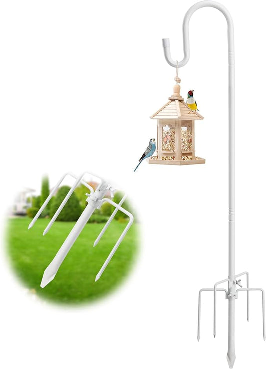 Hummingbird Feeder Stand - 62" Heavy Duty Bird Feeder Pole with Adjustable Anti-Tip Stake, Rustproof Shepards Hook with Hanger for Birdfeeders, Wind Chimes, Lanterns, Holiday Decor - White