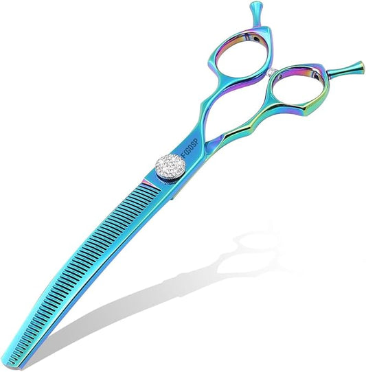 Professional Curved Thinning Shears Dog Grooming Scissors 7.5'' Blue Green Curved Thinner Scissors for Grooming Large Dogs Pet 56 Teeth Japan 440C(Curved Thinner,Turquoise)