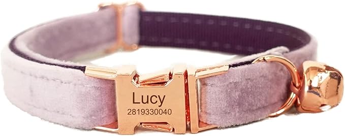 Cat Collar Personalized with Name Engraved and Bell, Customized Velvet Collars for Puppy Kittens (Purple, S)