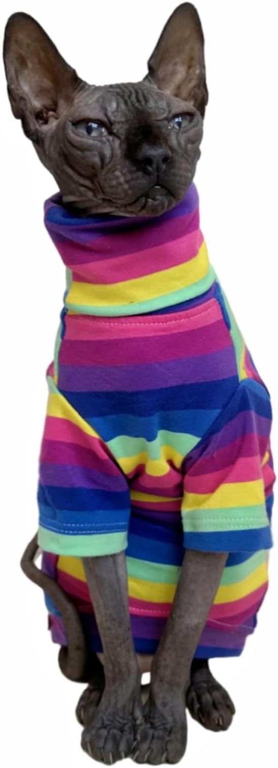 Vintage Stripes Sphynx Hairless Cats Shirt Cotton Cat Turtleneck Pet Clothes Kitten T-Shirts with Sleeves for Sphynx Cornish Rex, Devon Rex, Peterbald (Rainbow Stripe, Large (Pack of 1))
