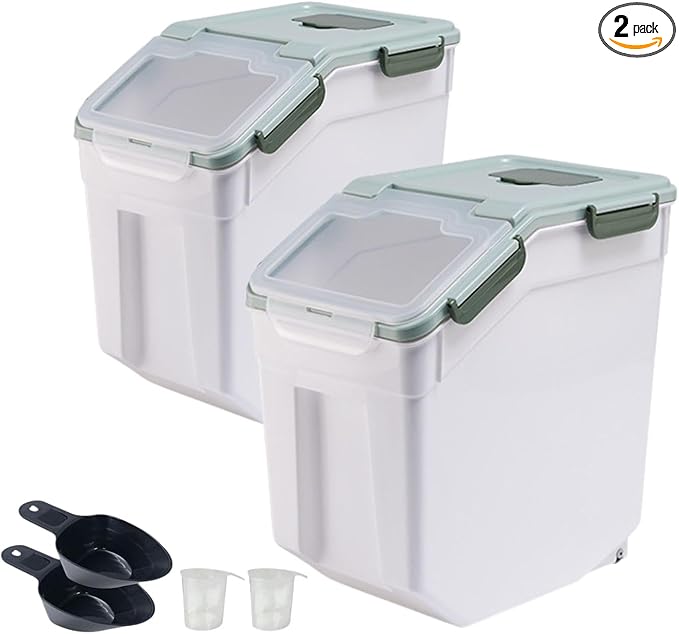 Rice Storage Container 25 lbs, 2 Packs Large Flour Storage Containers with Seal Locking Lid & Wheels, BPA Free Rice Dispenser, Measuring Cup | Scoop, for Sugar Cereal Dry Food, Dog Pet Food Bin -Green