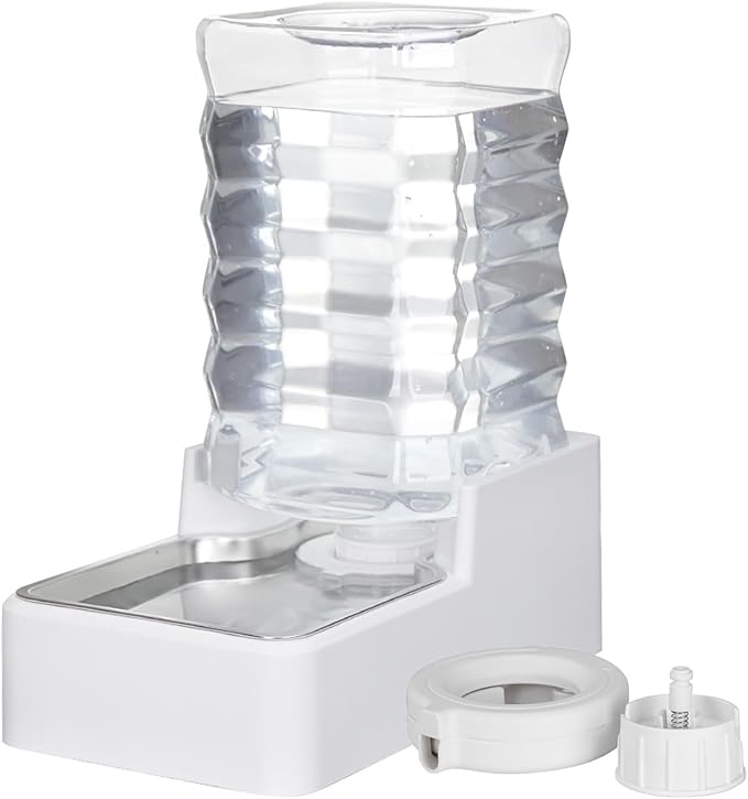 Dog Cat Water Dispenser: 8L White Upgraded Gravity Feeder with Stainless Steel Bowl - BPA-Free Large Capacity for Medium/Large Pets - Indoor & Outdoor Use