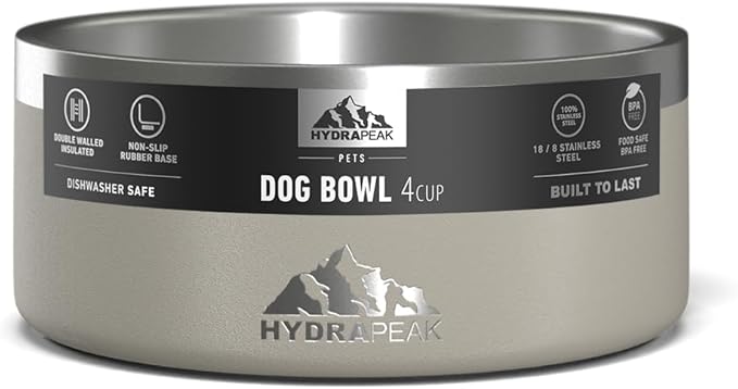 Hydrapeak Dog Bowl; Non Slip Stainless Steel; Water and Food Dish; Large Sized and Small Dogs; 32oz 64oz; Multiple Sizes; 4 Cup | Stone