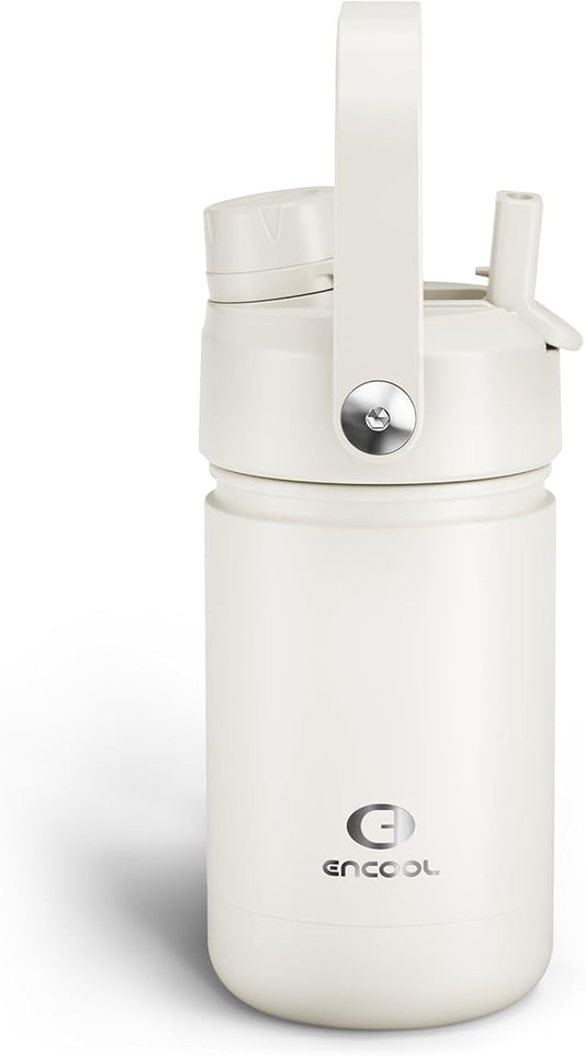 Kids Insualated Water Bottle with Straw - 12oz Stainless Steel Water Bottle with Dual Spouts, Leak-Proof, BPA-Free, Double Wall Vacuum Keeps Cold for 24 Hours for Sports, Travel, School (Cream Moon)