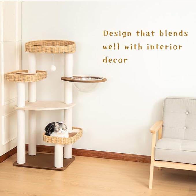 48'' Cat Tree for Large Cats, Modern Cat Tree Multi-Level Condo with Natural Wood, Cat Activity Centre for Medium and Big Pets