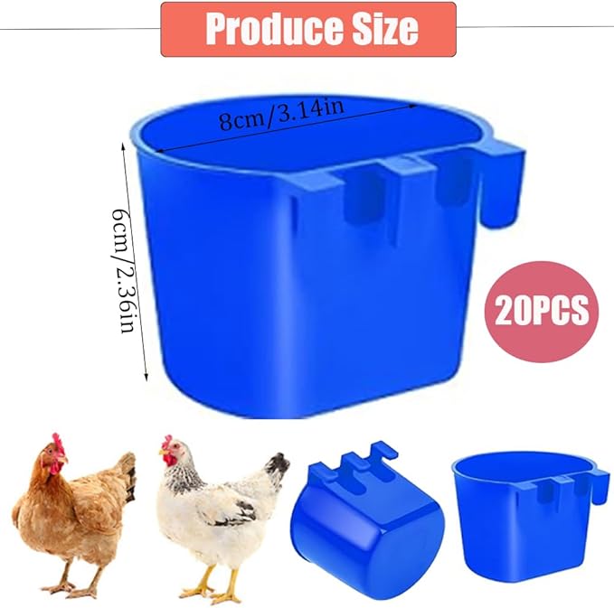 Hanging Chicken Feeder, 20pcs Chicken Water Cups, Plastic Cage Cups for Chickens Pigeon Rabbit Poultry (Blue)