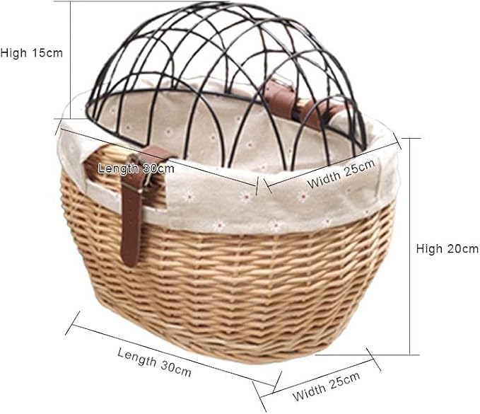 Wicker Bike Basket for Small Dogs Cats Pet Carrier Front Basket with Wire Mesh Cover (Wood Color)