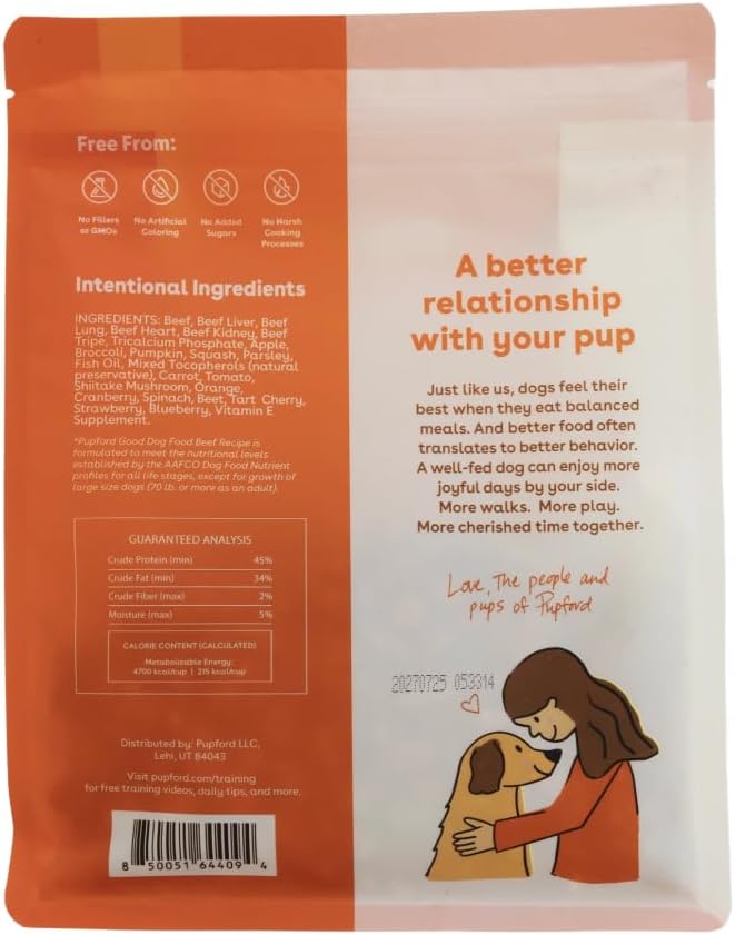 Pupford Good Dog Food, Freeze Dried Dog Food, Mix-in, Topper, or Full Meal, High Protein, No Fillers (Beef Recipe, 6 oz)