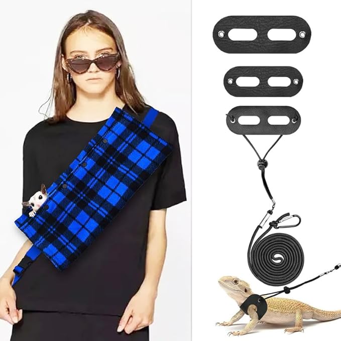 Small Animal Sling Carrier,Small Animal Bag for Bearded Dragons Lizards and Reptile with Adjustable Strap Tow Rope 3 Sizes Pack + Small Animal Sling Carrier（Blue Grid）