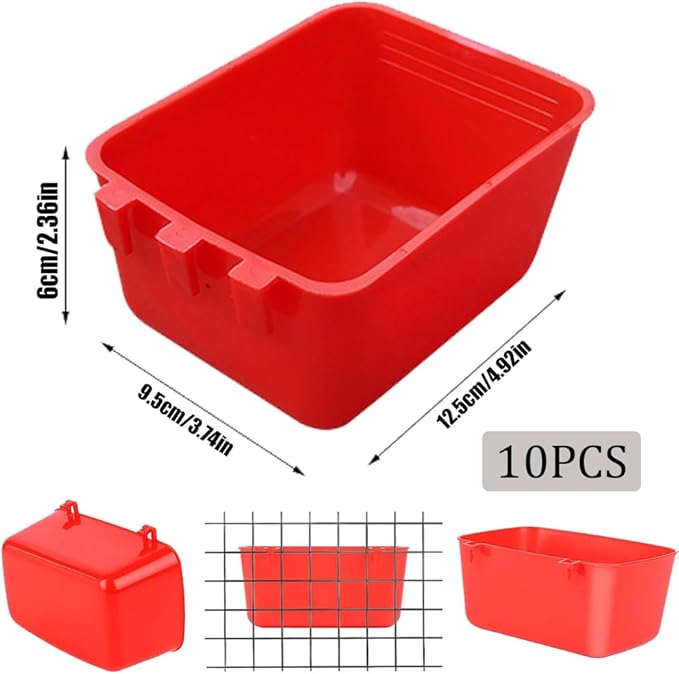 10 Pack Square Cage Cups Birds Feeders,Hanging Bird Chicken Feeder Waterer Cups,Plastic Drinker Quail Cage Waterer,Feeding Bowl for Rabbit Pigeon Parrot Parakeet Gamefowl,Red