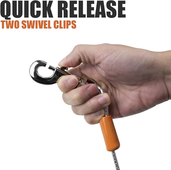 BV Dog Tie Out Cable 25 Feet - Heavy Duty Dog Lead up to 90 Pounds - Reflective & Rust-Free with Quick Release Swivel Clips & 360° Rotating Clasp - Tangle-Free Dogs Runner for Yard (Silver, Single)