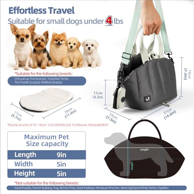Sytopia Small Dog Carrier Purse, Portable Pet Carrier Tote Carrier with Pockets, Adjustable Safety Leash, Waterproof Dog Travel Bag, Travel Pets Purse up to 4 Lbs, Dark Grey