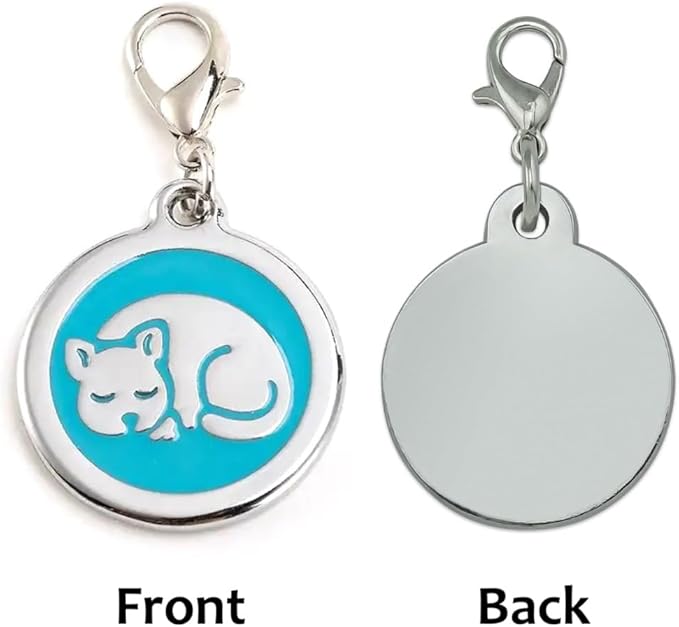 Personalized Pet ID Tags with Lobster Claw Clasp for Kittens and Cats - Small pet Tags for Cats, cat Name Tags for Collar, Custom cat id tag (Sleeping-Round-Small: Blue)