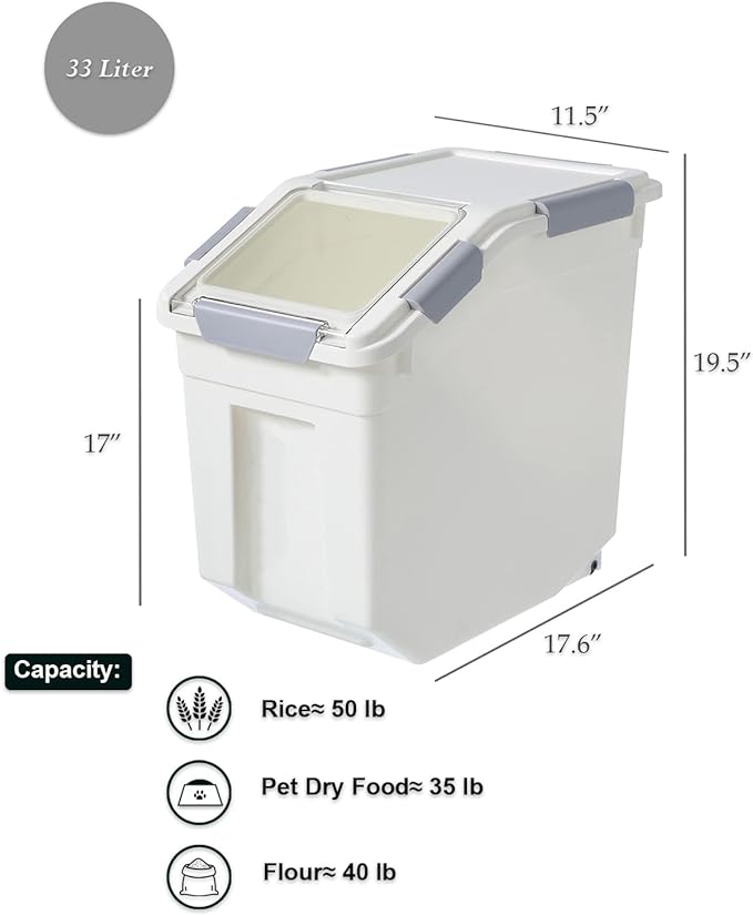 HANAMYA 33 Liter / 50 lbs Rice Storage Container with Measuring Cup, BPA free, For Rice | Grain | Pet Food | Flour, 1 count, White
