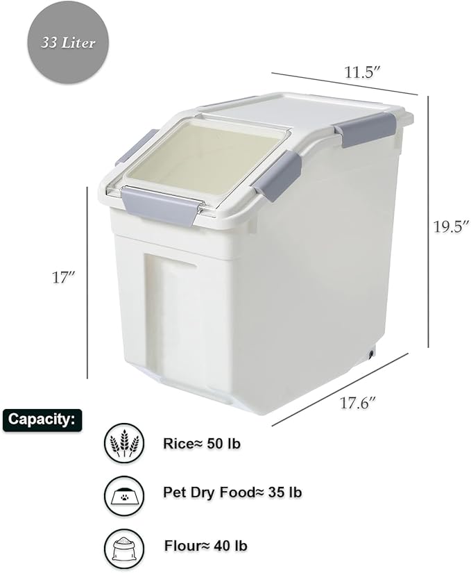 HANAMYA 33 Liter / 50 lbs Rice Storage Container with Measuring Cup, BPA free, For Rice | Grain | Pet Food | Flour, 2 count, White