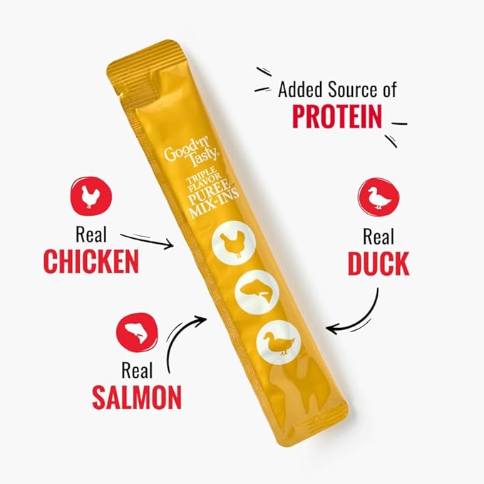 Good 'n' Tasty Triple Flavor Puree Mix-Ins Dog Food Topper Treats for All Dogs, 7 Count, Easy Single-Serve Portions, Added Protein with Chicken, Salmon and Duck