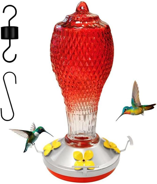 Hummingbird Feeder for Outdoors,17 OZ Glass Humming Bird Feeder for Garden Decor,Four Flowers Feeding Ports,Leak Proof,Ant Moat Included,Humming Gifts for Women