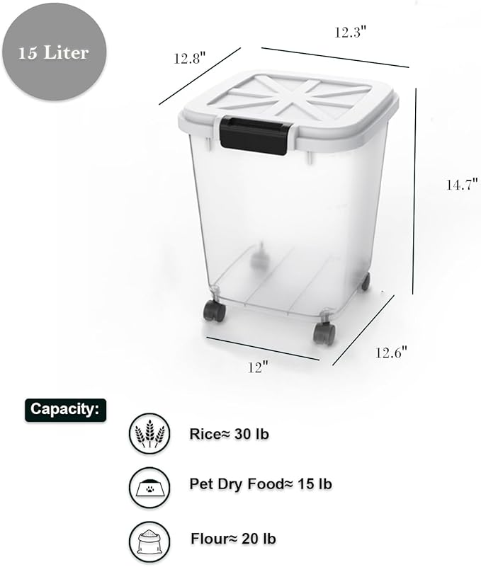 HANAMYA 30 LB Rice Storage Container with Measuring Cup, BPA free, For Rice | Grain | Pet Food | Flour, 1 count, Clear & Black