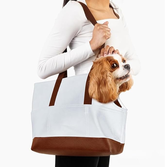 Premium Pet Carrier Tote Bag with Multiple Pockets, Brown/White PU Leather, 18.5L x 7W x 11.5H inches (White)