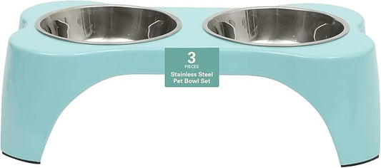 Gibson Home Bow Wow Meow 3-Piece Elevated Dog Bowl Set – Bone-Shaped Raised Feeder with 2 Stainless Steel Bowls for Medium to Large Dogs, Non-Slip, Easy to Clean, Teal