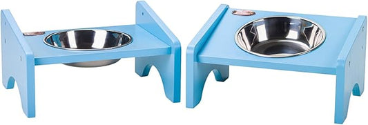 Elevated Cat Bowls,2 Stainless Steel Pet Food Water Feeder,15°Tilted Raised Pet Dish, Slanted Dog Bowl with Wood Stand for Kitty and Puppy,Wide 5.51" (Blue)