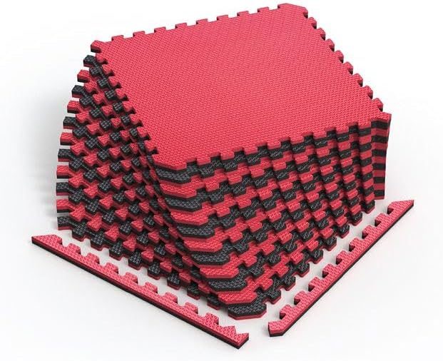 Norsk Reversible Gym Exercise Mats 3/4" Thick EVA Interlocking Foam Tiles, Perfect Home Gym Flooring, 36 Tiles & 72 Trim Pieces, 144 Sq. Ft. Reversible, Red/Black