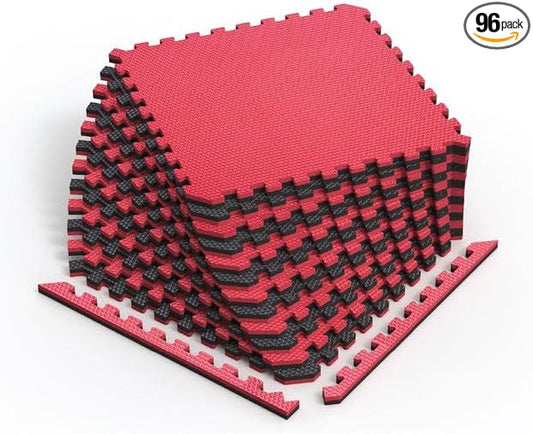 Norsk Reversible Gym Exercise Mats 3/4" Thick EVA Interlocking Foam Tiles, Perfect Home Gym Flooring, 32 Tiles & 64 Trim Pieces, 128 Sq. Ft. Reversible, Red/Black