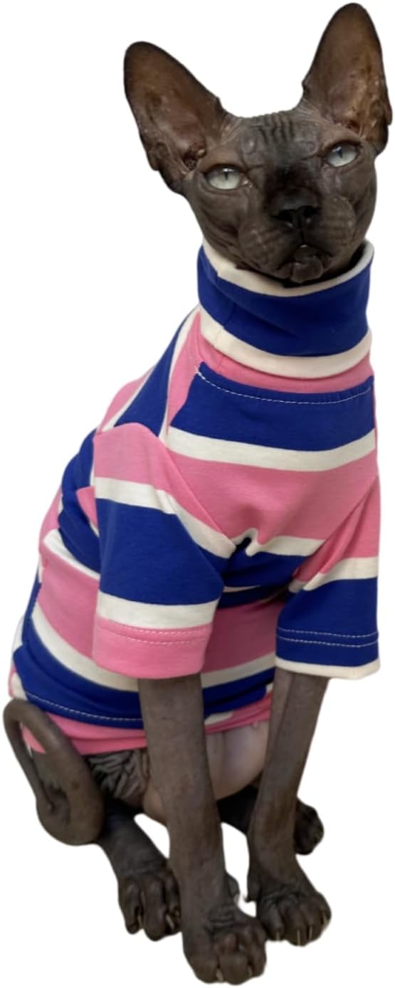 Vintage Stripes Sphynx Hairless Cats Shirt Cotton Cat Turtleneck Pet Clothes Kitten T-Shirts with Sleeves for Sphynx Cats (Wide Pink Blue Stripe, Small)