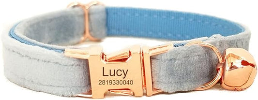 Cat Collar Personalized with Name Engraved and Bell, Customized Velvet Collars for Puppy Kittens (Sky Blue, S)