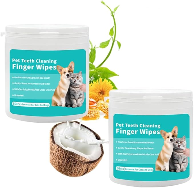 YUHUF-2Packs Teeth Cleaning Finger Wipes for Dogs & Cats, Pet Dental Care by Reducing Plaque and Tartar Remove Bad Breath, Disposable Gentle Gum Care Pet Wipes, (50 Count x2)