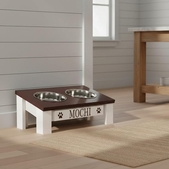 GrooveThis Woodshop Luxury Pet Feeder - Elevated Stand with Stainless Steel Bowls for Small Dogs & Cats, Anti-Slip, Easy Clean, Chic & Durable Design (Tilted, Black)