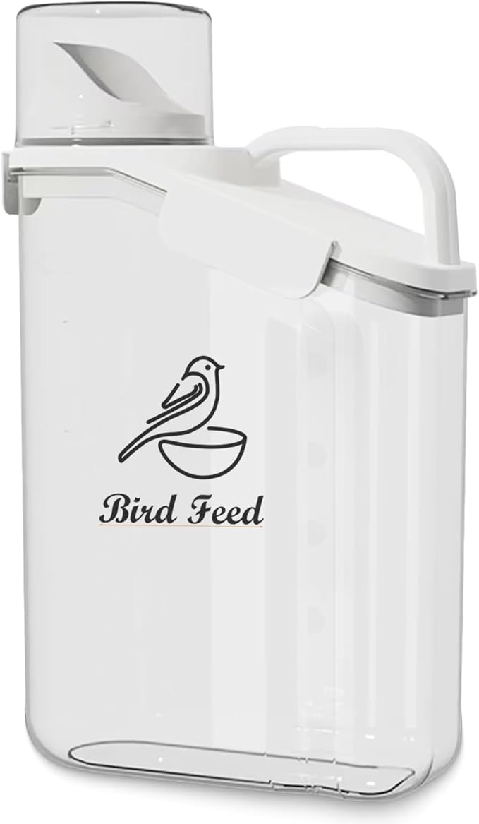 Bird Seed Storage Container,2.8L Airtight Bird Food Container with Handle and Measuring Cup,Portable Pet Food Container for Wild Bird Sunflower Seed-BPA Free Transparent/White