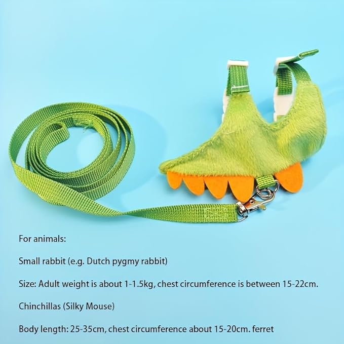 Ferret Leash and Harness Set, Dinosaur Design Small Animal Harness with Leash, Adjustable & Escape-Proof, Soft Plush Comfort for Rabbits, Kitten, Bunny, Hedgehog (Green)