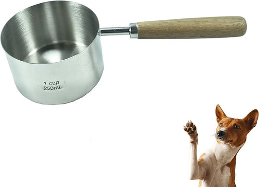 1 Cup Stainless Steel Dog Cat Food Measuring Scoop for Dry and Wet Food, Accurate Measurement for Rice, Flour, Grain (Long Handle Silver)