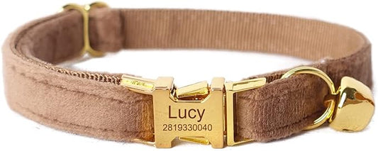 Cat Collar Personalized with Name Engraved and Bell, Customized Velvet Collars for Puppy Kittens (Brown, L)
