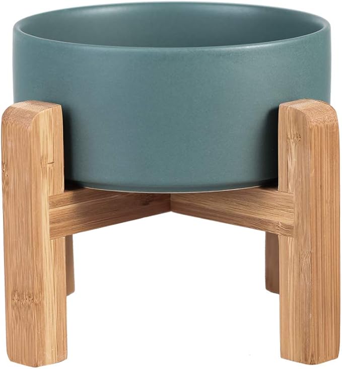Green Ceramic Elevated Raised Cat Bowl with Wood Stand No Spill Pet Food Water Feeder Cats Small Dogs