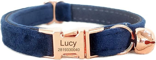 Cat Collar Personalized with Name Engraved and Bell, Customized Velvet Collars for Puppy Kittens (Navy Blue, L)