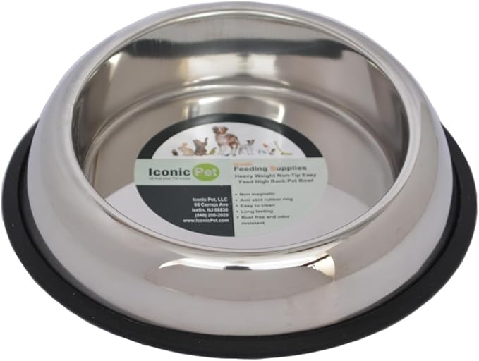 ICONIC PET 2 Cup/16 Oz Heavy Weight Non-Skid Stainless Steel High Back Pet Food/Water Bowls with Removable Anti Skid Rubber Ring - Dog/Cat Feeding Bowl in Unique Design, Dishwasher Safe