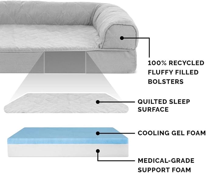 Furhaven Cooling Gel Dog Bed for Large Dogs w/ Removable Bolsters & Washable Cover, For Dogs Up to 95 lbs - Two-Tone Plush Faux Fur & Suede L Shaped Chaise - Stone Gray, Jumbo/XL
