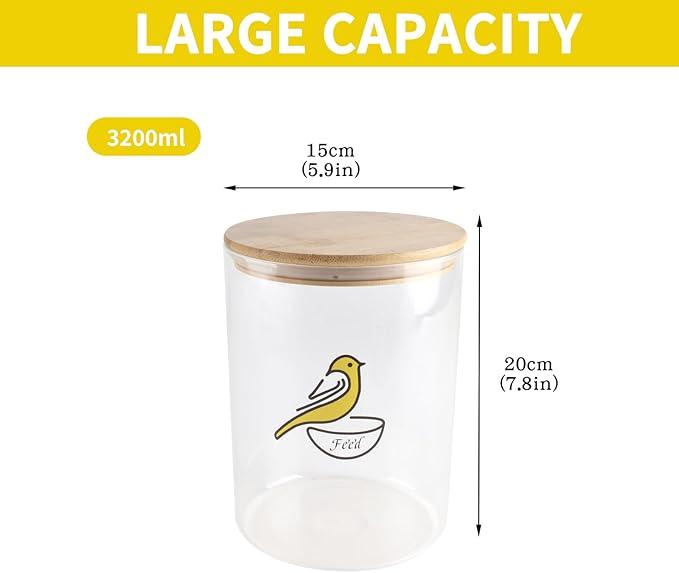 Bird Seed Storage Container,Circle Glass Bird Food Container with Airtight Wood Lid,Pet Food Storing with Birds Seed Scoop,for Wild Small Birds Food Storage,Birdfeed,Nuts(Clear)