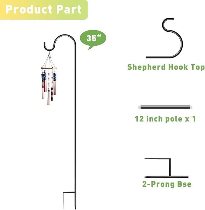 Shepherds Hooks for Outdoor 35Inch Garden Bird Feeder Pole with 2 Prongs Base for Hanging Flower Basket Plant Pot Solar Lantern Light Wind Chime Hanger for Wedding Decor 4 Pack